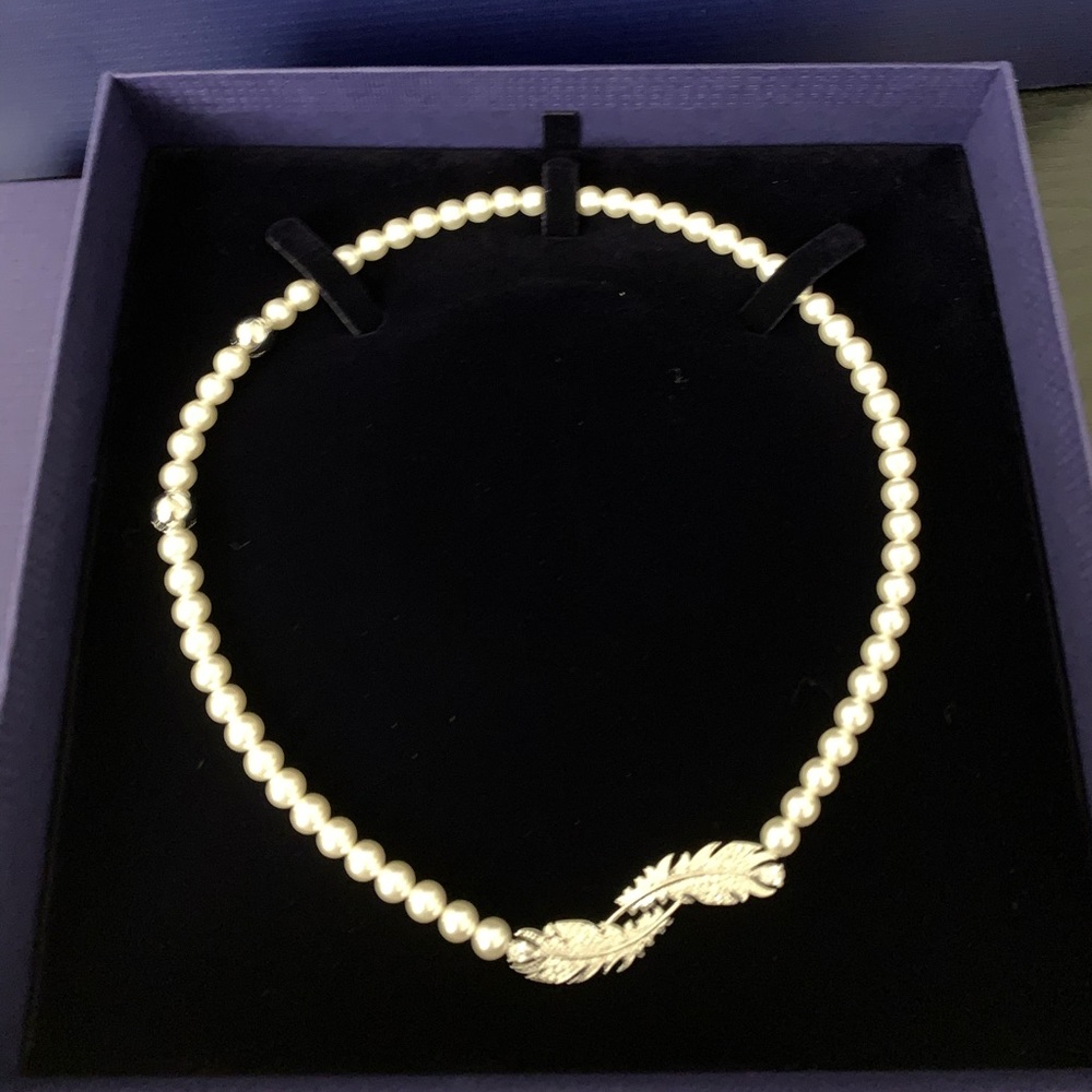 Swarovski White Pearl Necklace with Silver Crystal Feather Accents